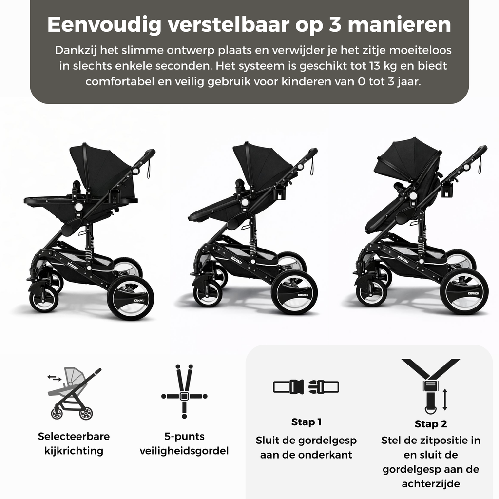 3-in-1 Combi Kinderwagen met Reiswieg en Autostoeltje | KIDUKU