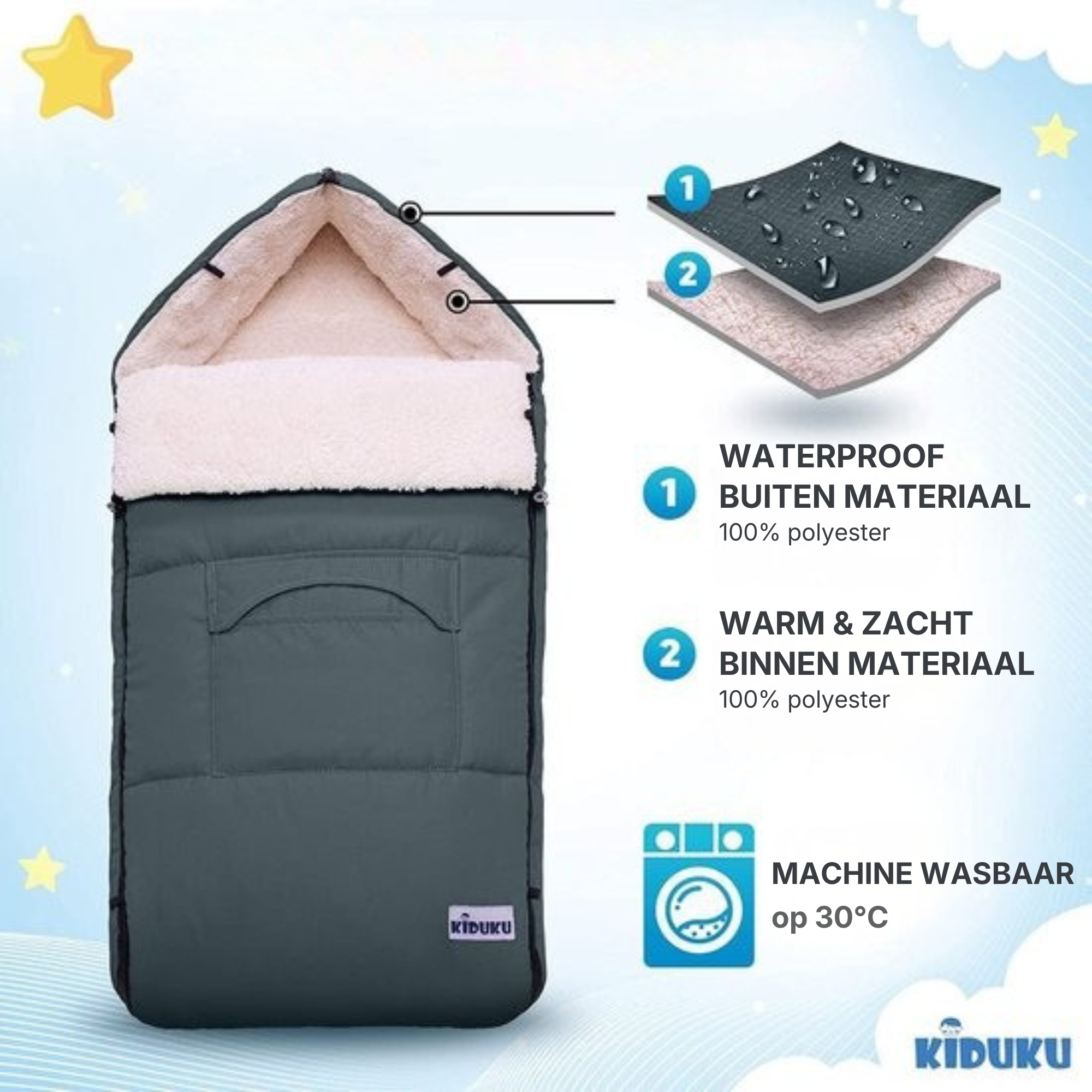 Warme Baby Voetenzak voor Kinderwagen en Buggy van 95 x 50 cm in het Grijs | KIDUKU