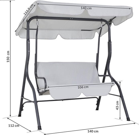 2 Zits Hollywood Schommel met Verstelbaar Zonnedak Lichtgrijs | Casaria