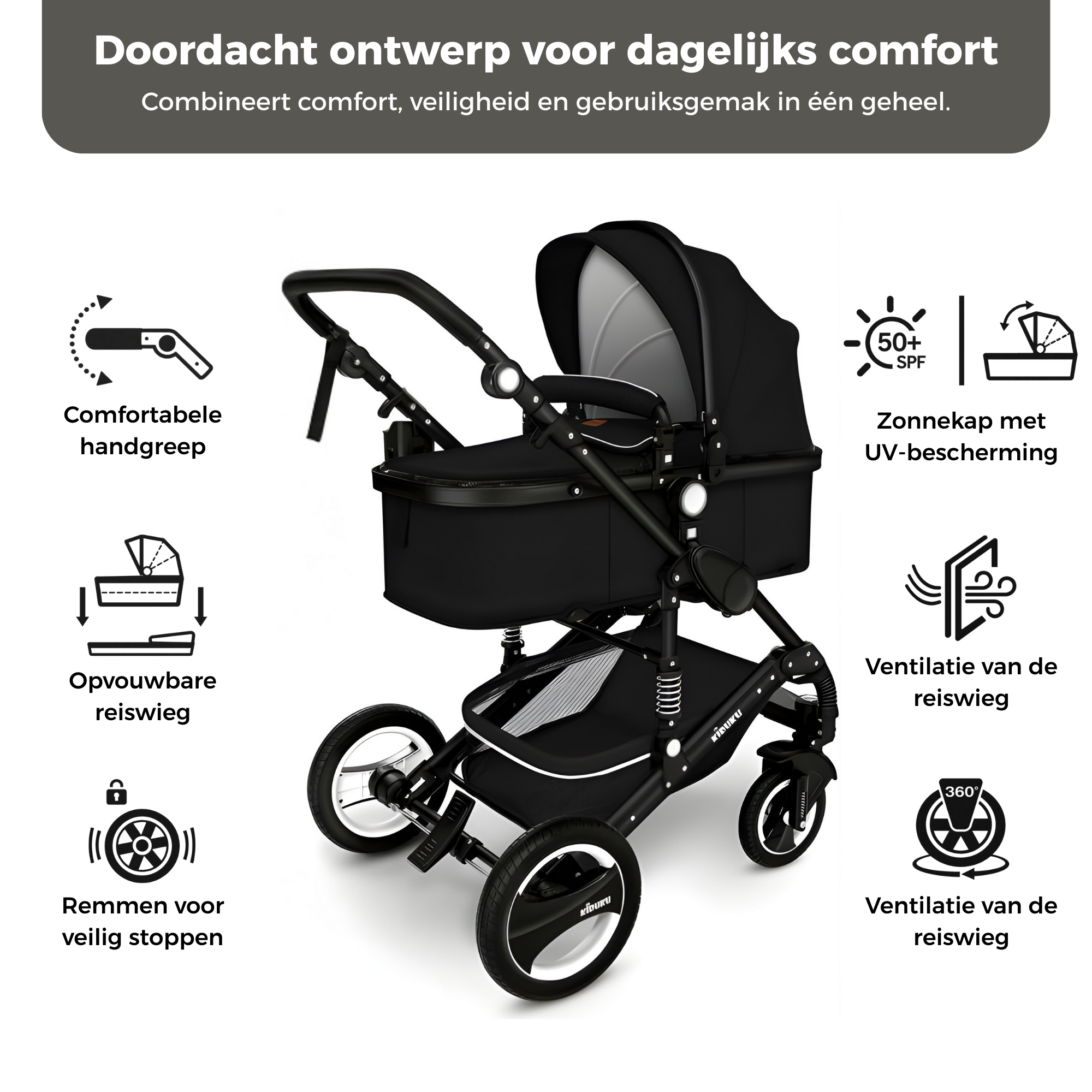 3-in-1 Combi Kinderwagen met Reiswieg en Autostoeltje | KIDUKU