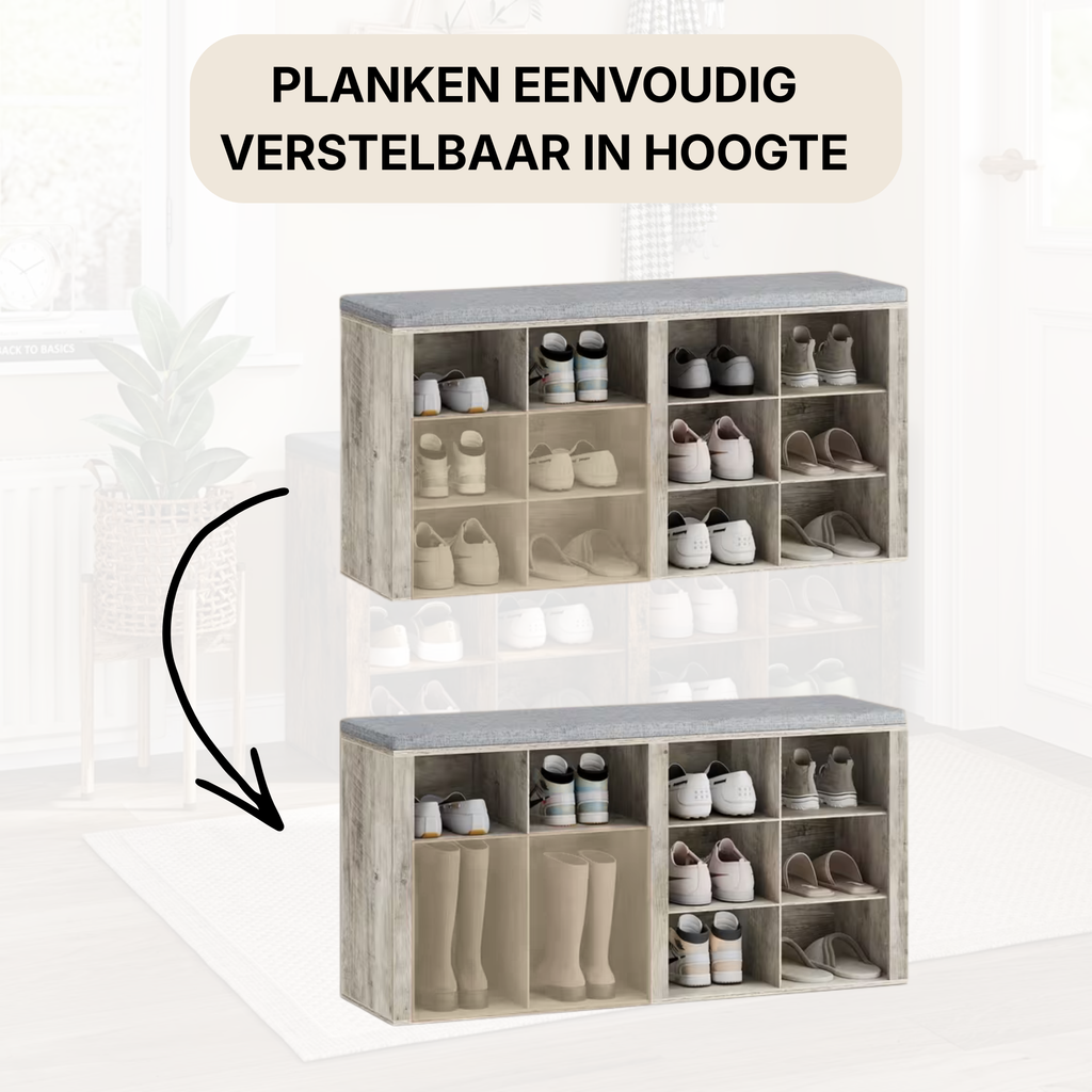 Ruime schoenenbank met zitkussen en 12 vakken – ideaal voor hal, slaapkamer en extra opbergruimte | Kersom