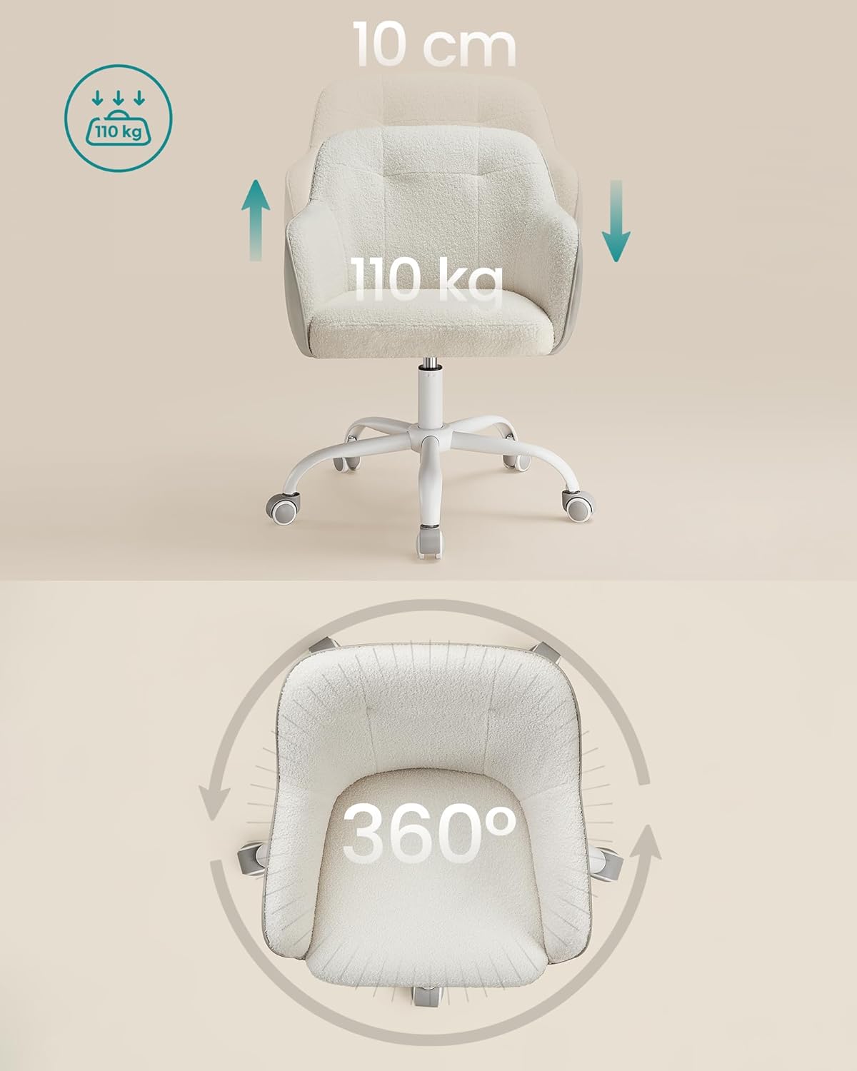 Elegante bureaustoel met teddy stof en verstelbare hoogte – ideaal voor slaapkamer en thuiswerkplek | Kersom