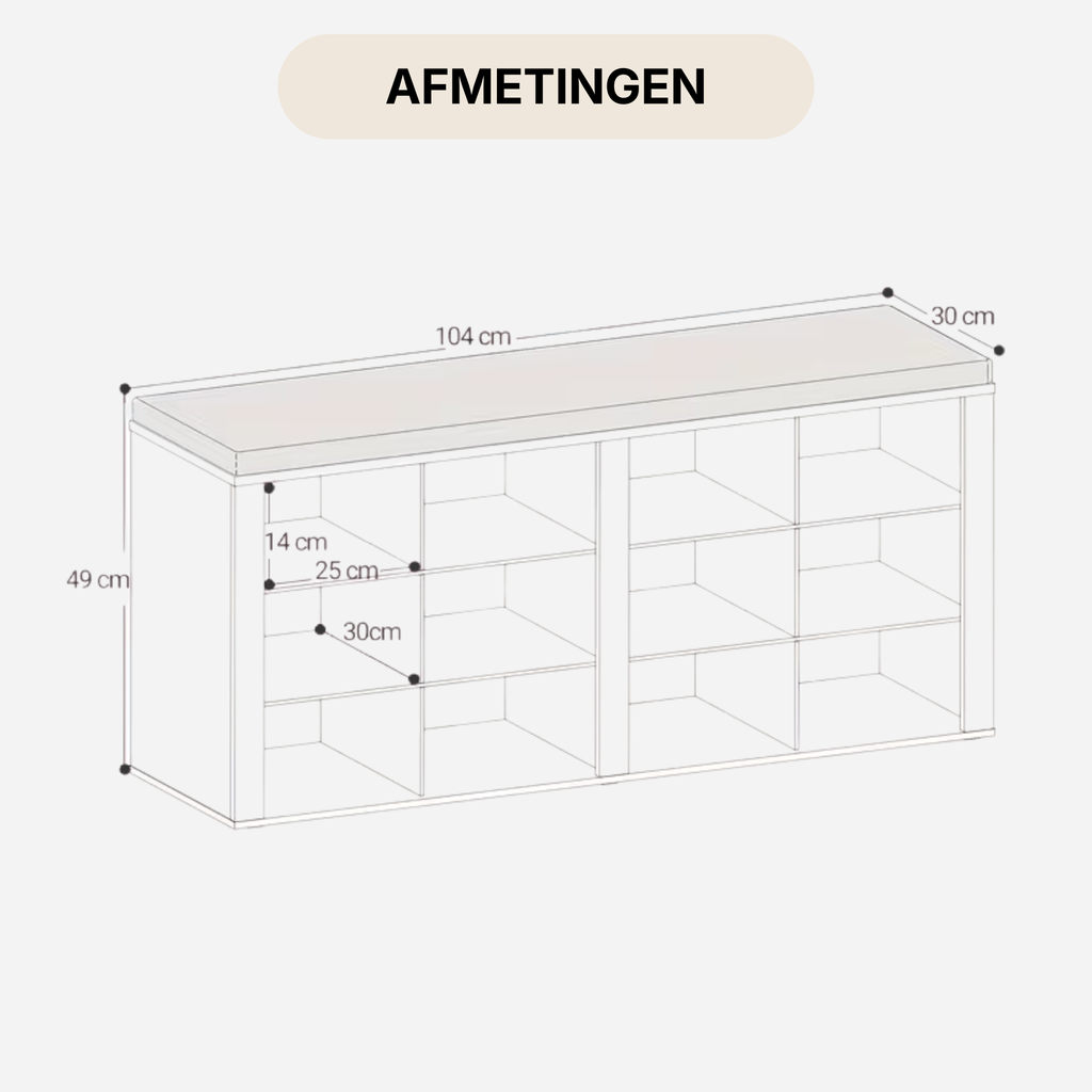 Ruime schoenenbank met zitkussen en 12 vakken – ideaal voor hal, slaapkamer en extra opbergruimte | Kersom