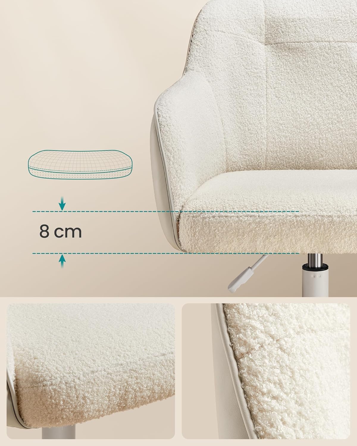 Elegante bureaustoel met teddy stof en verstelbare hoogte – ideaal voor slaapkamer en thuiswerkplek | Kersom