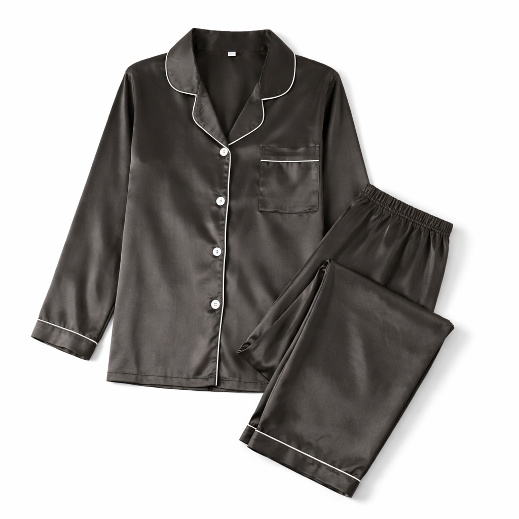 Satijnen Pyjama Set Lange Mouwen met Elastische Broek Zwart | Cynthia