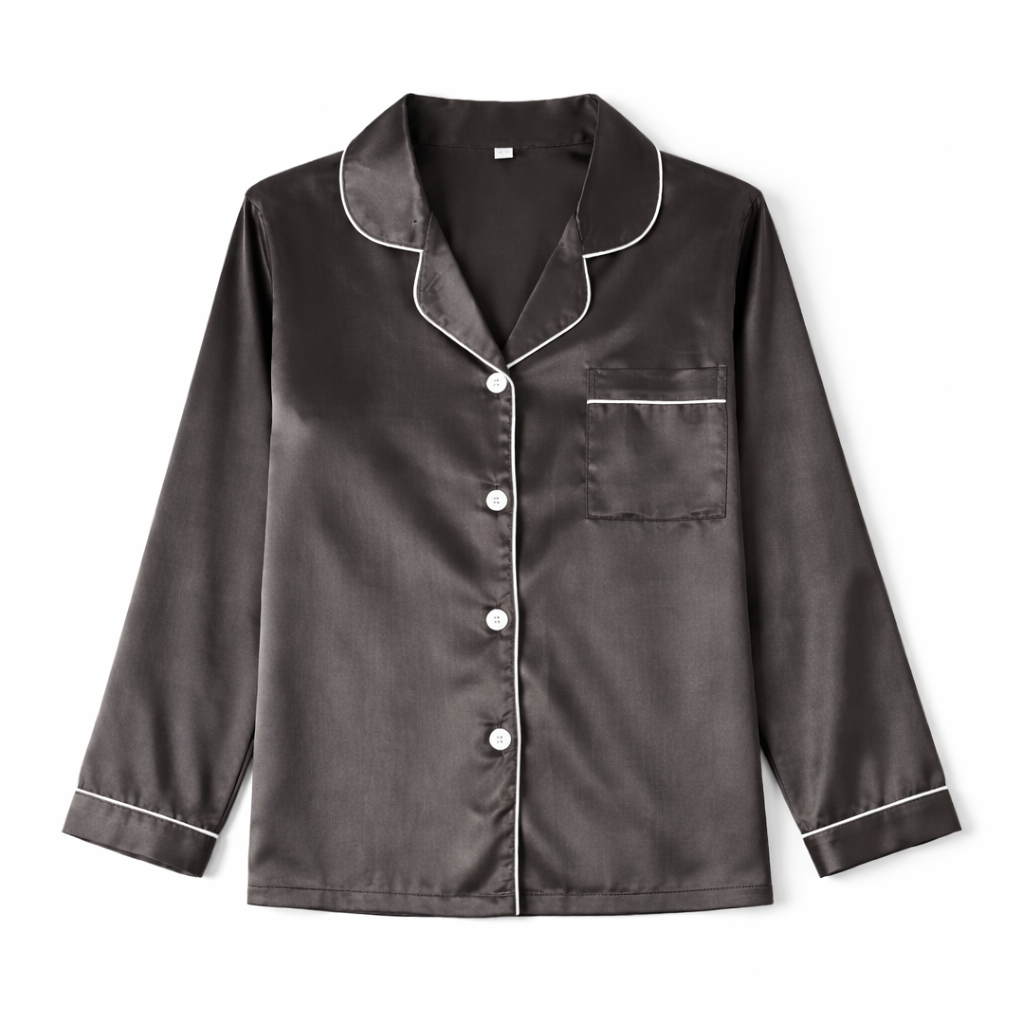 Satijnen Pyjama Set Lange Mouwen met Elastische Broek Zwart | Cynthia