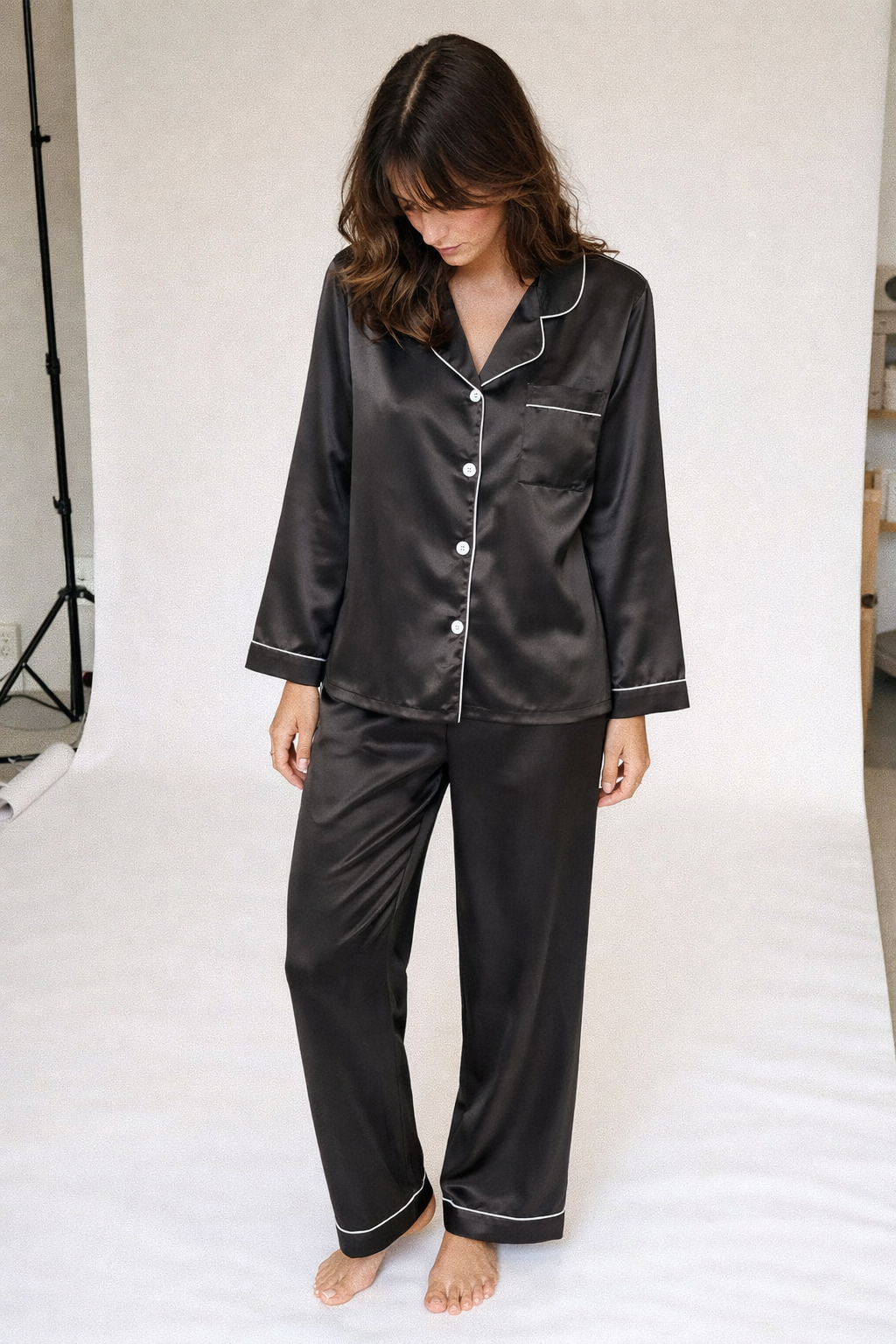 Satijnen Pyjama Set Lange Mouwen met Elastische Broek Zwart | Cynthia