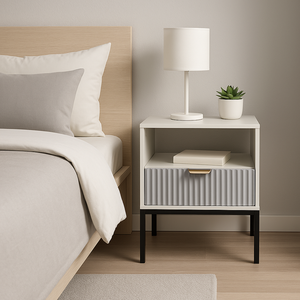 Nachtkastje met Lade en Open Vak in Scandinavisch Design in het Lichtgrijs