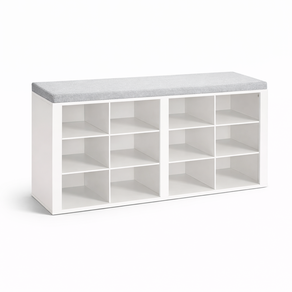 Ruime schoenenbank met zitkussen en 12 vakken – ideaal voor hal, slaapkamer en extra opbergruimte | Kersom