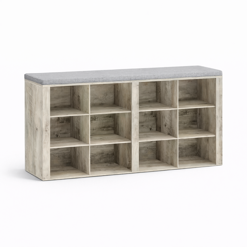 Ruime schoenenbank met zitkussen en 12 vakken – ideaal voor hal, slaapkamer en extra opbergruimte | Kersom