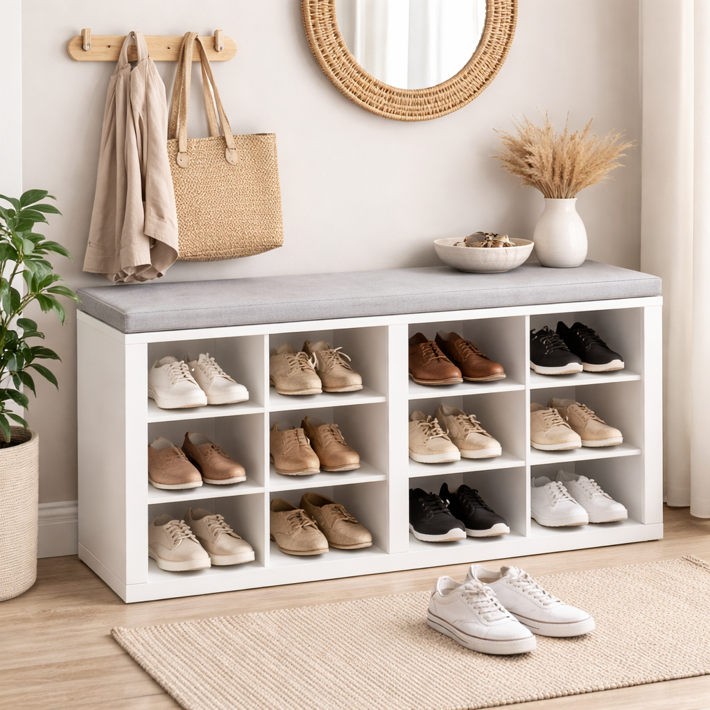 Ruime schoenenbank met zitkussen en 12 vakken – ideaal voor hal, slaapkamer en extra opbergruimte | Kersom