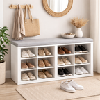 Ruime schoenenbank met zitkussen en 12 vakken – ideaal voor hal, slaapkamer en extra opbergruimte | Kersom