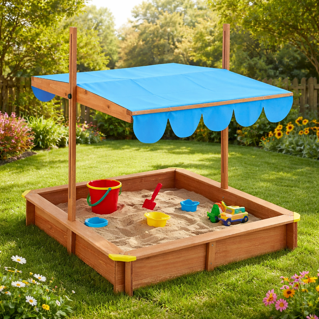 Zandbak met Verstelbaar Zonnescherm 120x120 cm Blauw | Van Delsem