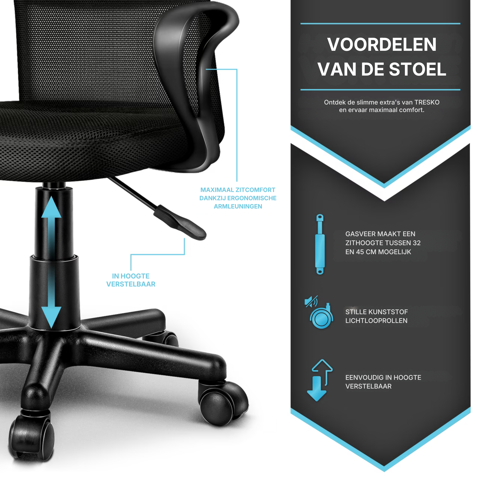 Kinderbureaustoel met Armleuningen en Ademende Mesh Rugleuning Verstelbaar Zwart | Tresko