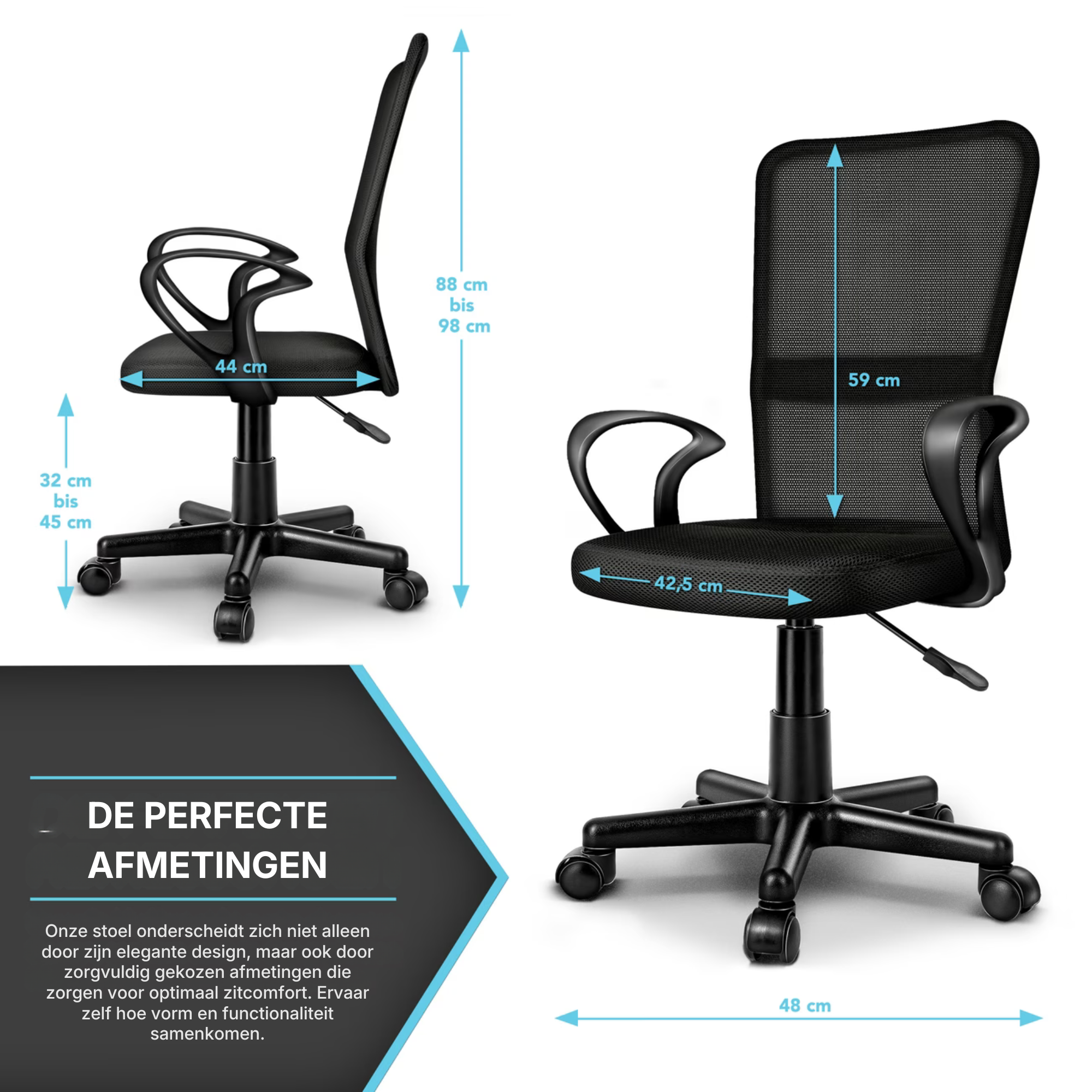 Kinderbureaustoel met Armleuningen en Ademende Mesh Rugleuning Verstelbaar Zwart | Tresko